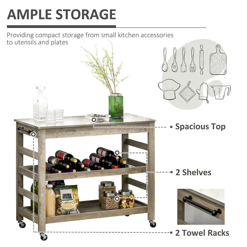 Chariot de cuisine roulant HOMCOM avec plateau en acier inoxydable et casier à vin intégré - 42,5 cm (L) x 19 cm (P) x 35 cm (H)
