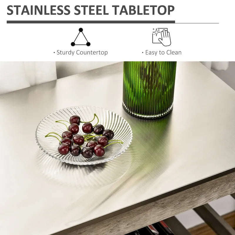 Chariot de cuisine roulant HOMCOM avec plateau en acier inoxydable et casier à vin intégré - 42,5 cm (L) x 19 cm (P) x 35 cm (H)