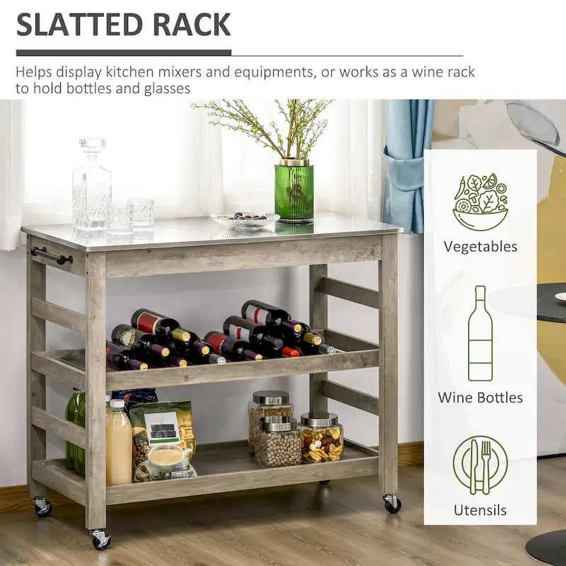 Chariot de cuisine roulant HOMCOM avec plateau en acier inoxydable et casier à vin intégré - 42,5 cm (L) x 19 cm (P) x 35 cm (H)