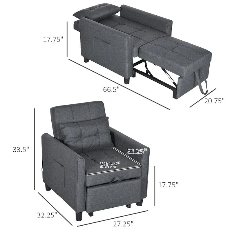 Fauteuil-lit convertible 3 en 1 HOMCOM, canapé-lit une place multifonctionnel, fauteuil-lit gigogne avec dossier réglable et oreiller.