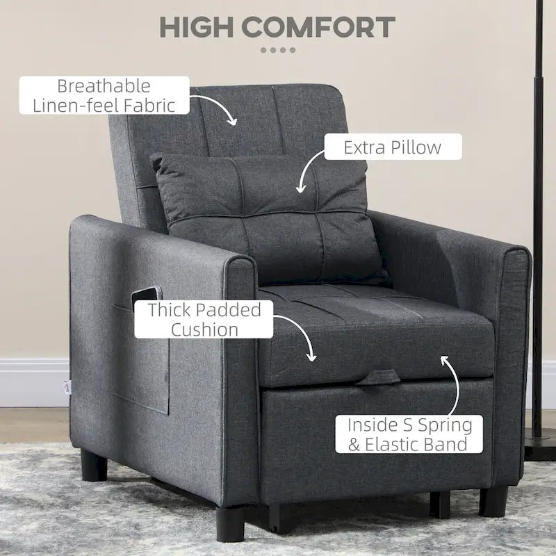 Fauteuil-lit convertible 3 en 1 HOMCOM, canapé-lit une place multifonctionnel, fauteuil-lit gigogne avec dossier réglable et oreiller.