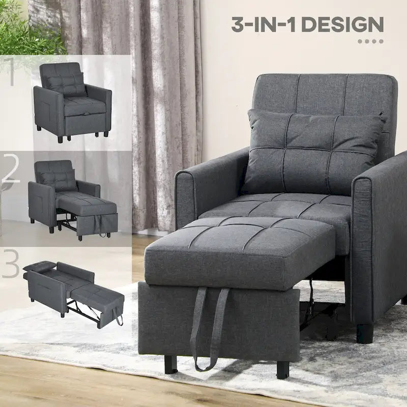 Fauteuil-lit convertible 3 en 1 HOMCOM, canapé-lit une place multifonctionnel, fauteuil-lit gigogne avec dossier réglable et oreiller.
