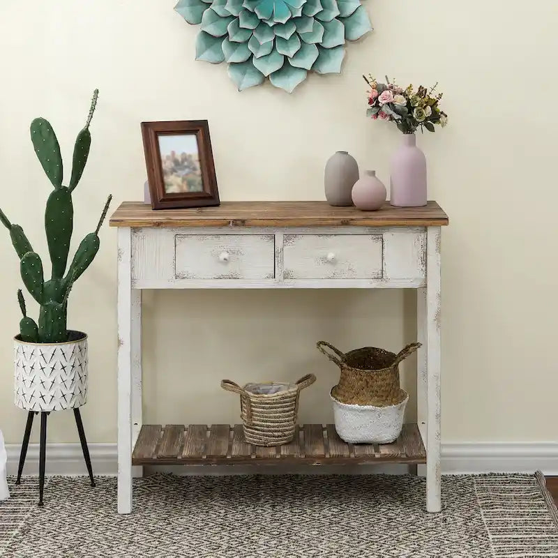 Console à 2 tiroirs en bois blanc et brun vieilli - 80 cm (H) x 90 cm (L) x 39,5 cm (P)