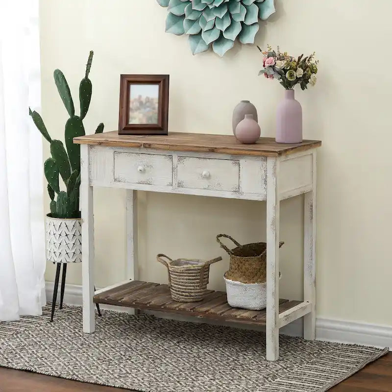 Console à 2 tiroirs en bois blanc et brun vieilli - 80 cm (H) x 90 cm (L) x 39,5 cm (P)