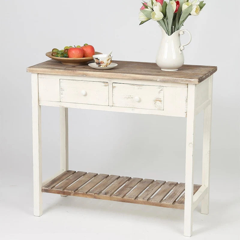 Console à 2 tiroirs en bois blanc et brun vieilli - 80 cm (H) x 90 cm (L) x 39,5 cm (P)