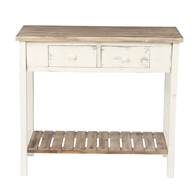 Console à 2 tiroirs en bois blanc et brun vieilli - 80 cm (H) x 90 cm (L) x 39,5 cm (P)