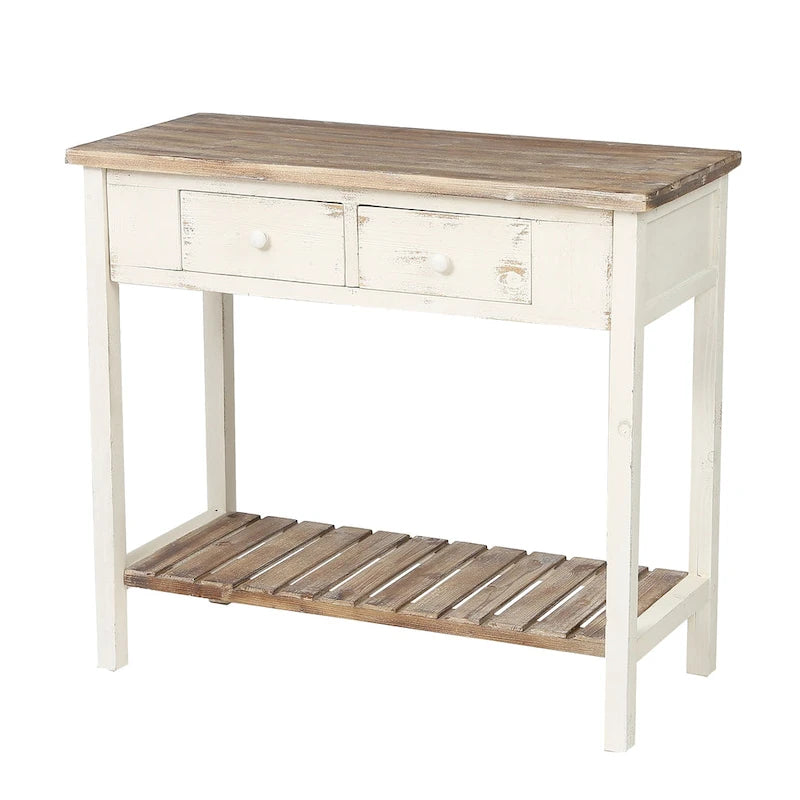 Console à 2 tiroirs en bois blanc et brun vieilli - 80 cm (H) x 90 cm (L) x 39,5 cm (P)