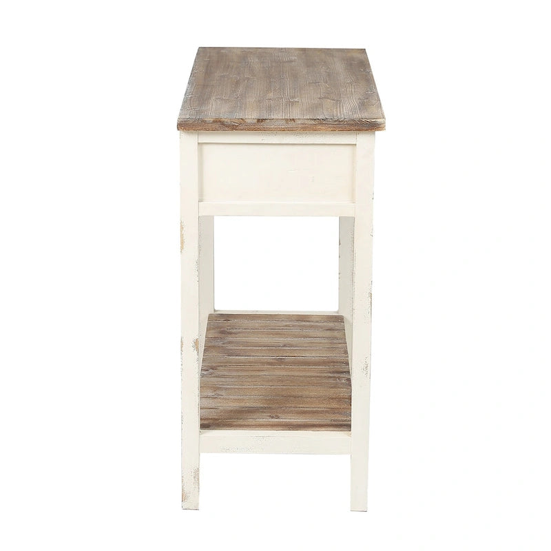 Console à 2 tiroirs en bois blanc et brun vieilli - 80 cm (H) x 90 cm (L) x 39,5 cm (P)