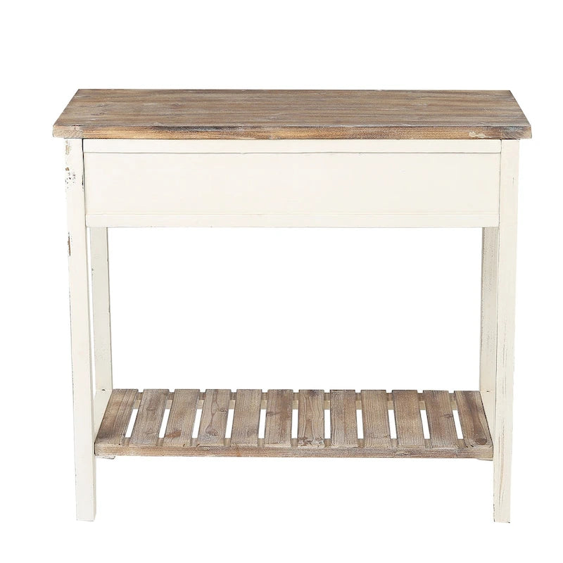 Console à 2 tiroirs en bois blanc et brun vieilli - 80 cm (H) x 90 cm (L) x 39,5 cm (P)