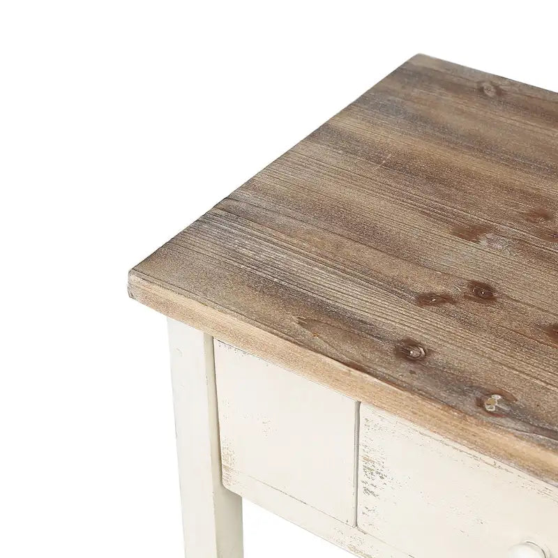 Console à 2 tiroirs en bois blanc et brun vieilli - 80 cm (H) x 90 cm (L) x 39,5 cm (P)