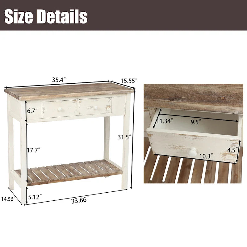 Console à 2 tiroirs en bois blanc et brun vieilli - 80 cm (H) x 90 cm (L) x 39,5 cm (P)
