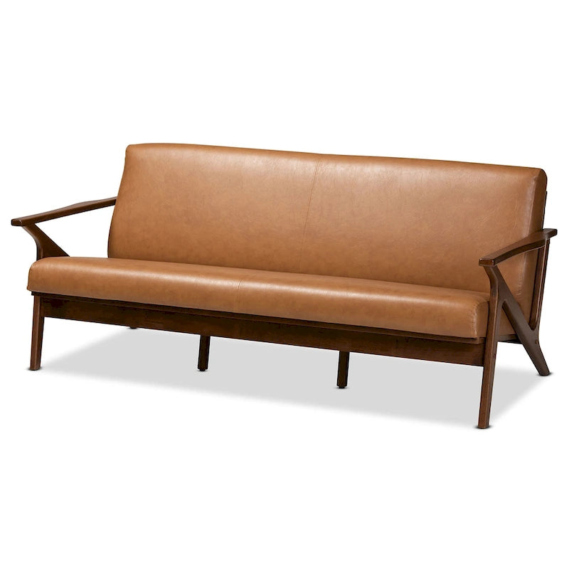 Canapé de salon Bianca style moderne du milieu du siècle, en bois et similicuir
