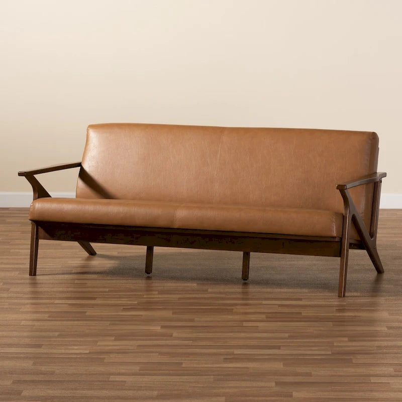 Canapé de salon Bianca style moderne du milieu du siècle, en bois et similicuir