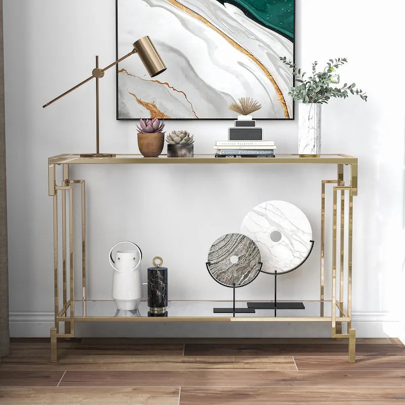 Table d'appoint Yout Glam 43 pouces avec plateau en verre et une étagère, par Furniture of America