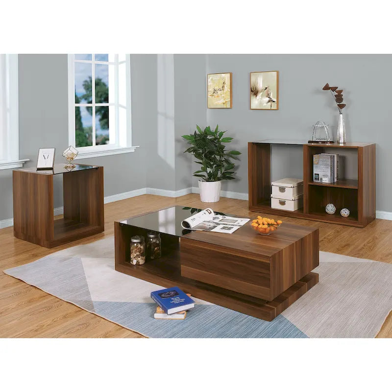Table d'appoint contemporaine Valmont en noyer, plateau en verre de 56 cm (22 pouces), à une étagère, par Furniture of America