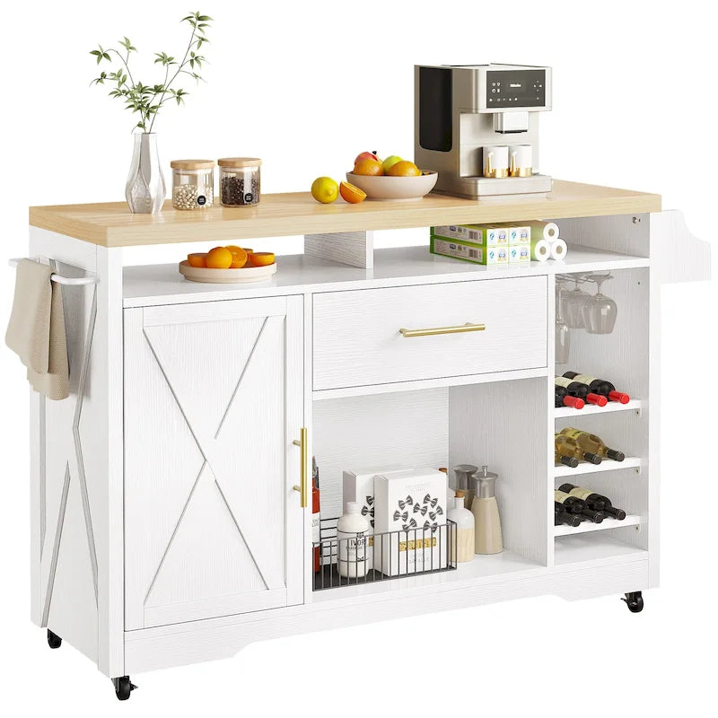 Îlot de cuisine roulant Moasis de 119 cm de large avec tiroir de rangement pour bouteilles de vin et prise électrique