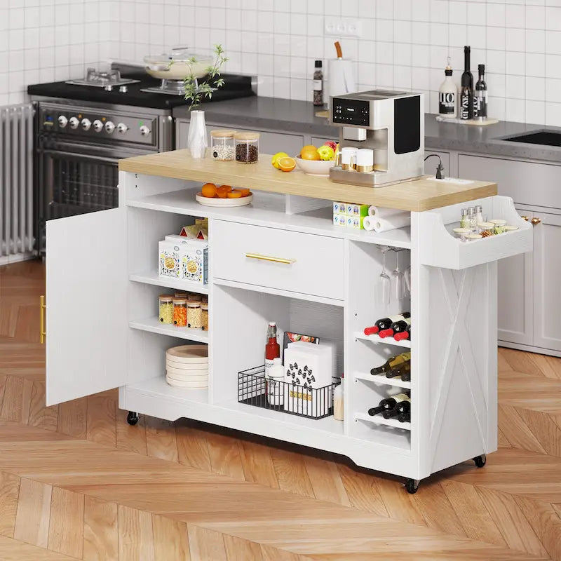 Îlot de cuisine roulant Moasis de 119 cm de large avec tiroir de rangement pour bouteilles de vin et prise électrique