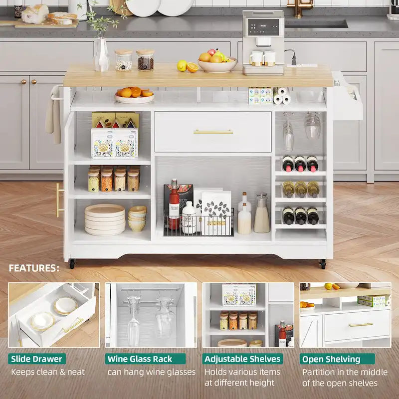 Îlot de cuisine roulant Moasis de 119 cm de large avec tiroir de rangement pour bouteilles de vin et prise électrique