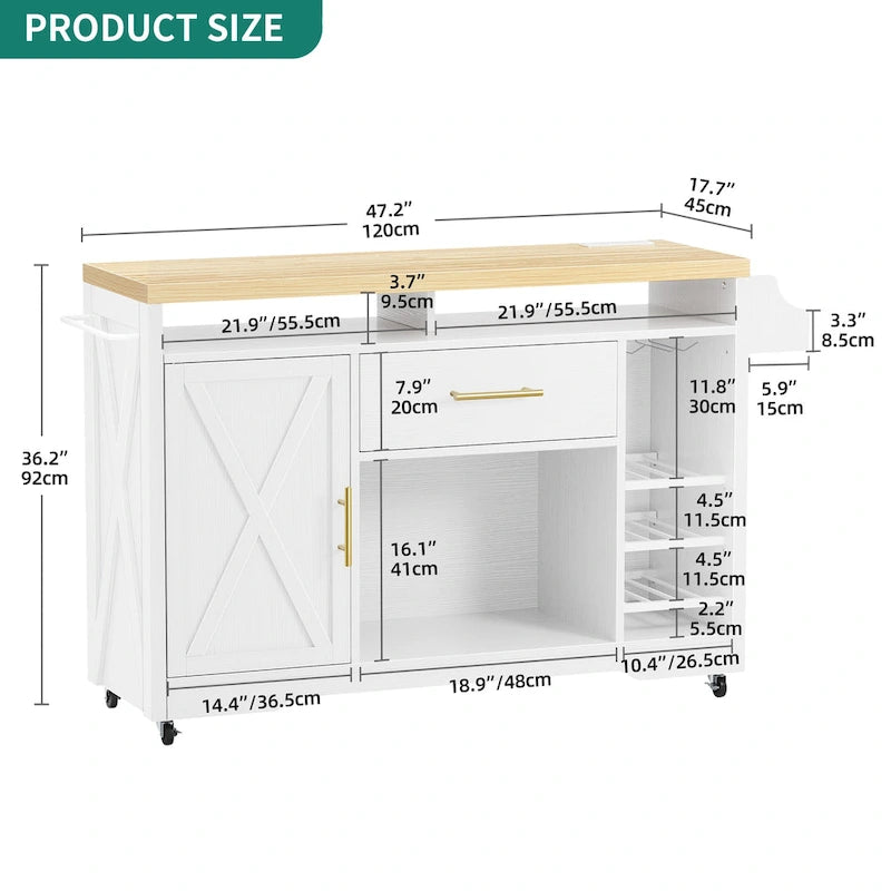 Îlot de cuisine roulant Moasis de 119 cm de large avec tiroir de rangement pour bouteilles de vin et prise électrique