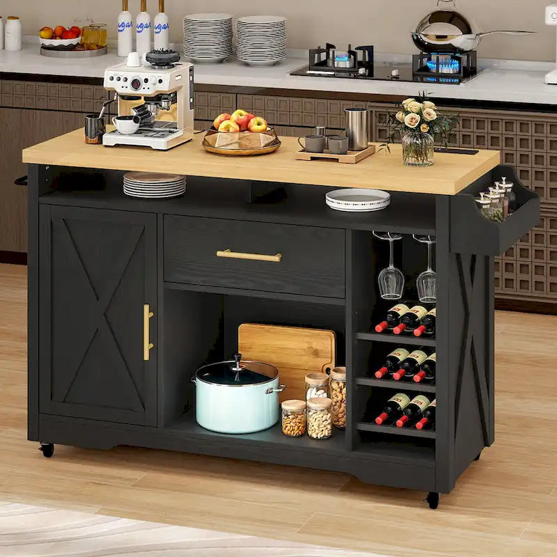 Îlot de cuisine roulant Moasis de 119 cm de large avec tiroir de rangement pour bouteilles de vin et prise électrique
