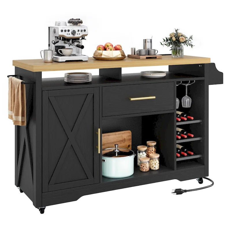 Îlot de cuisine roulant Moasis de 119 cm de large avec tiroir de rangement pour bouteilles de vin et prise électrique