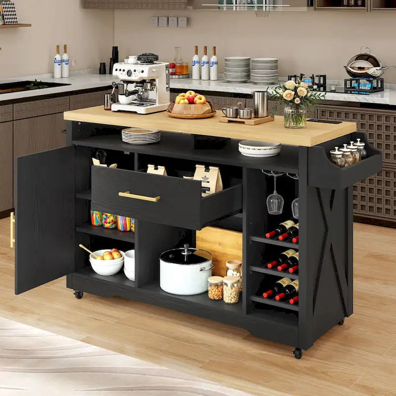 Îlot de cuisine roulant Moasis de 119 cm de large avec tiroir de rangement pour bouteilles de vin et prise électrique