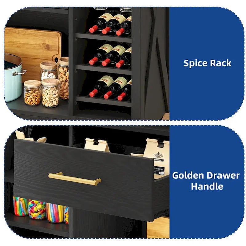 Îlot de cuisine roulant Moasis de 119 cm de large avec tiroir de rangement pour bouteilles de vin et prise électrique