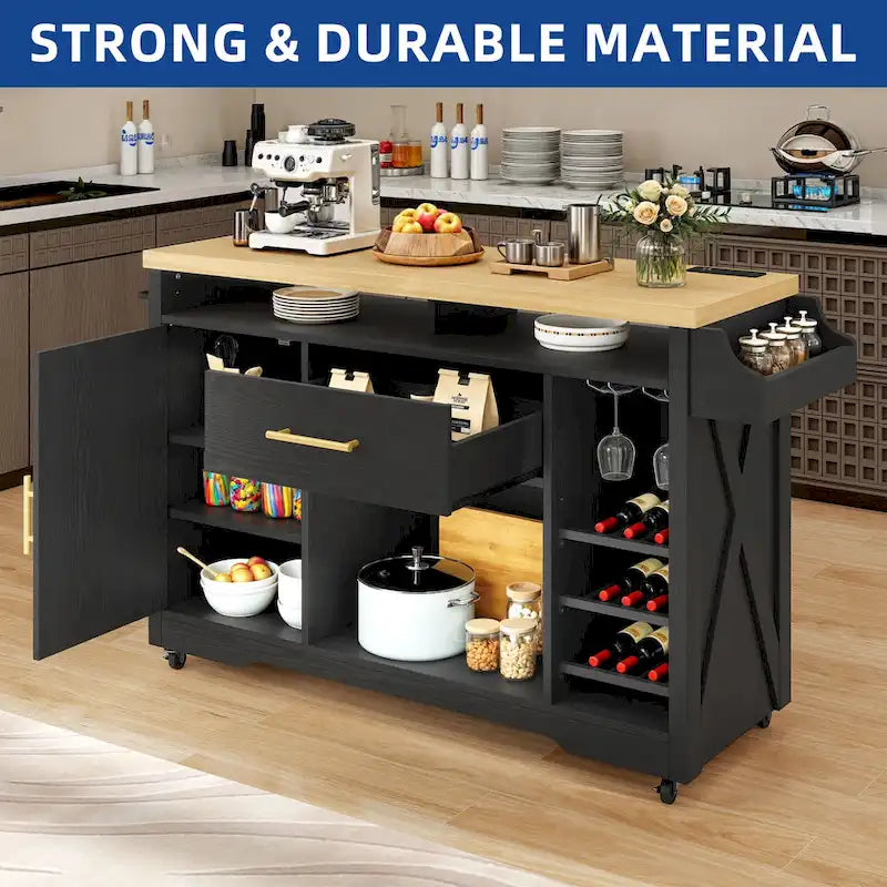 Îlot de cuisine roulant Moasis de 119 cm de large avec tiroir de rangement pour bouteilles de vin et prise électrique
