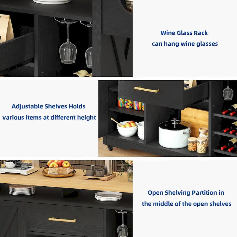 Îlot de cuisine roulant Moasis de 119 cm de large avec tiroir de rangement pour bouteilles de vin et prise électrique