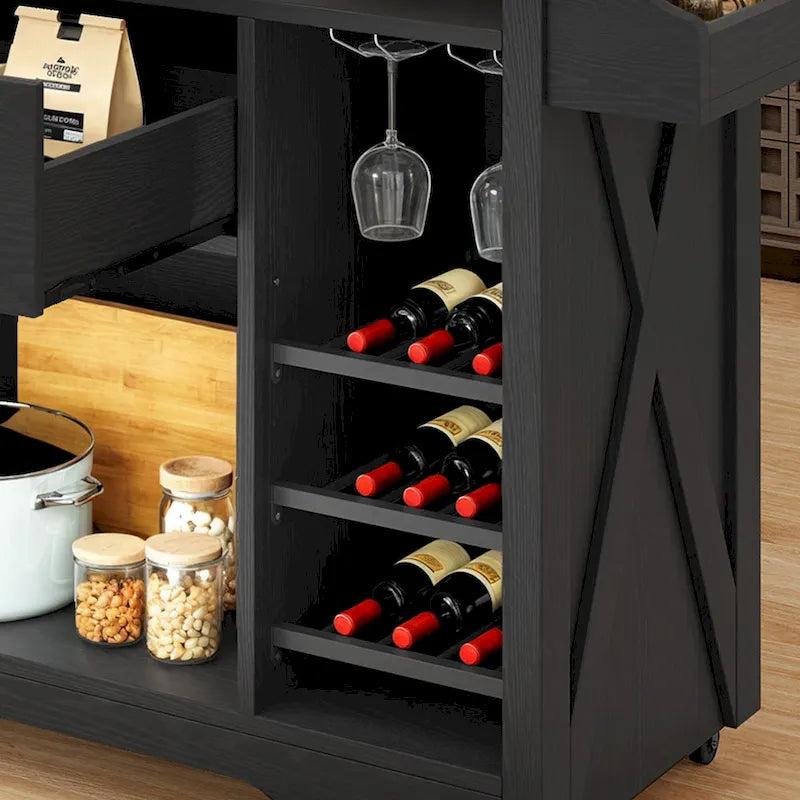 Îlot de cuisine roulant Moasis de 119 cm de large avec tiroir de rangement pour bouteilles de vin et prise électrique