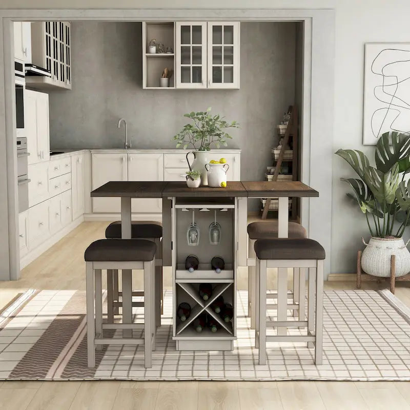 Ensemble de salle à manger 5 pièces style ferme en bois blanc avec abattants, hauteur comptoir, par Furniture of America