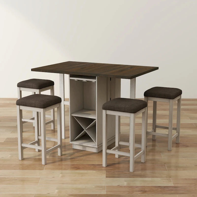 Ensemble de salle à manger 5 pièces style ferme en bois blanc avec abattants, hauteur comptoir, par Furniture of America