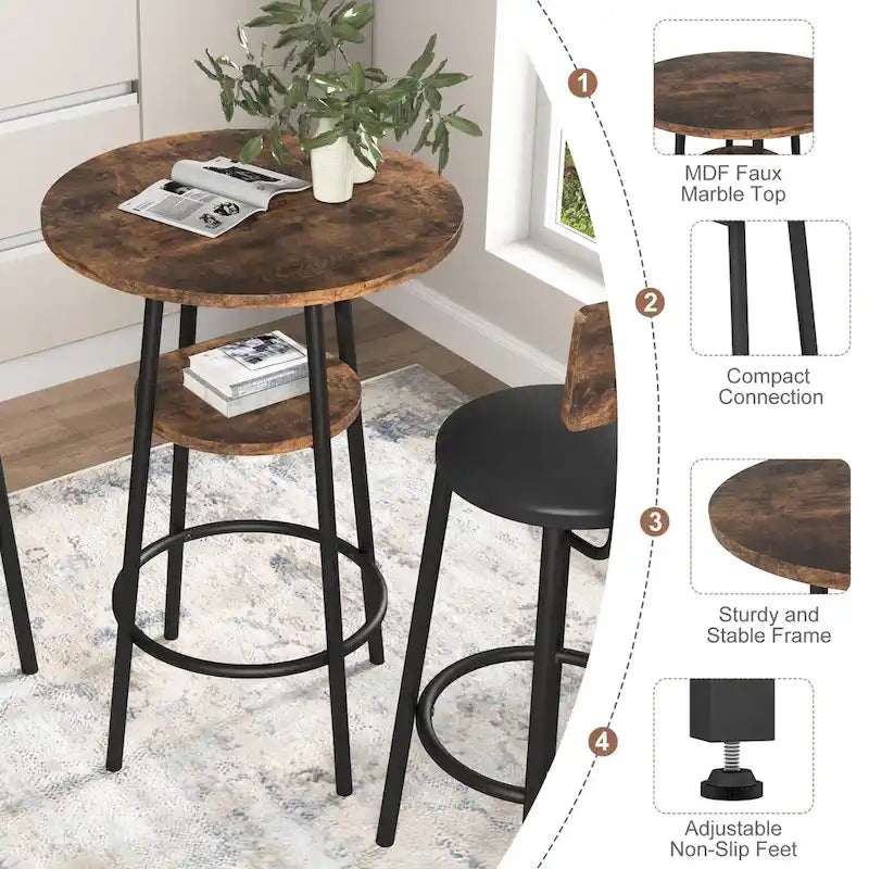 Ensemble de salle à manger 3 pièces, table de bar ronde à 2 niveaux et chaise rembourrée