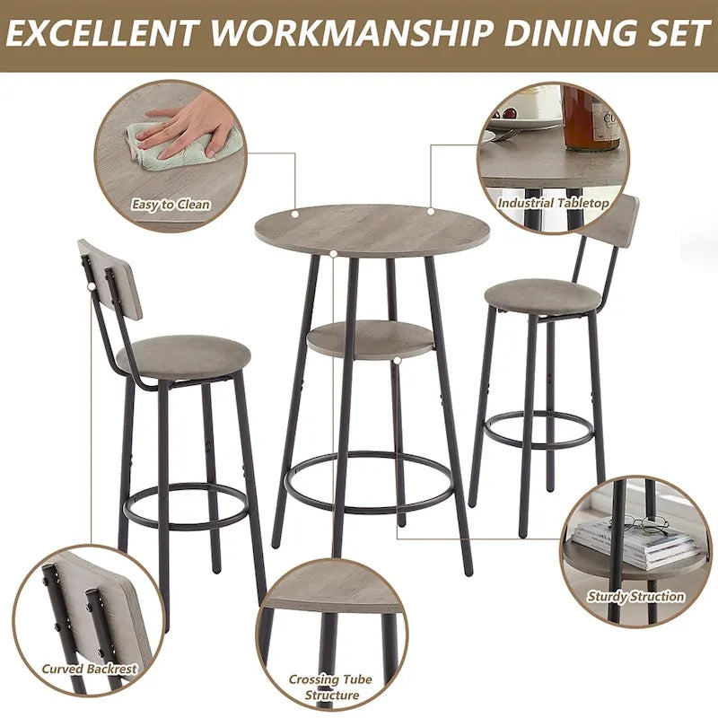 Ensemble de salle à manger 3 pièces, table de bar ronde à 2 niveaux et chaise rembourrée