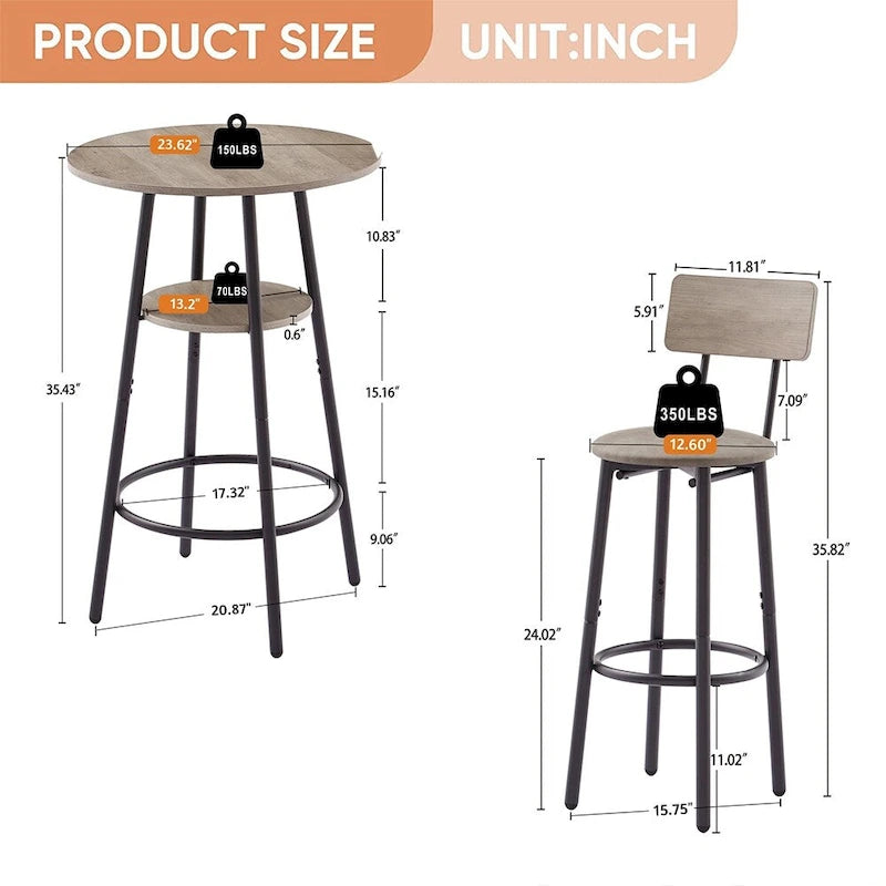 Ensemble de salle à manger 3 pièces, table de bar ronde à 2 niveaux et chaise rembourrée