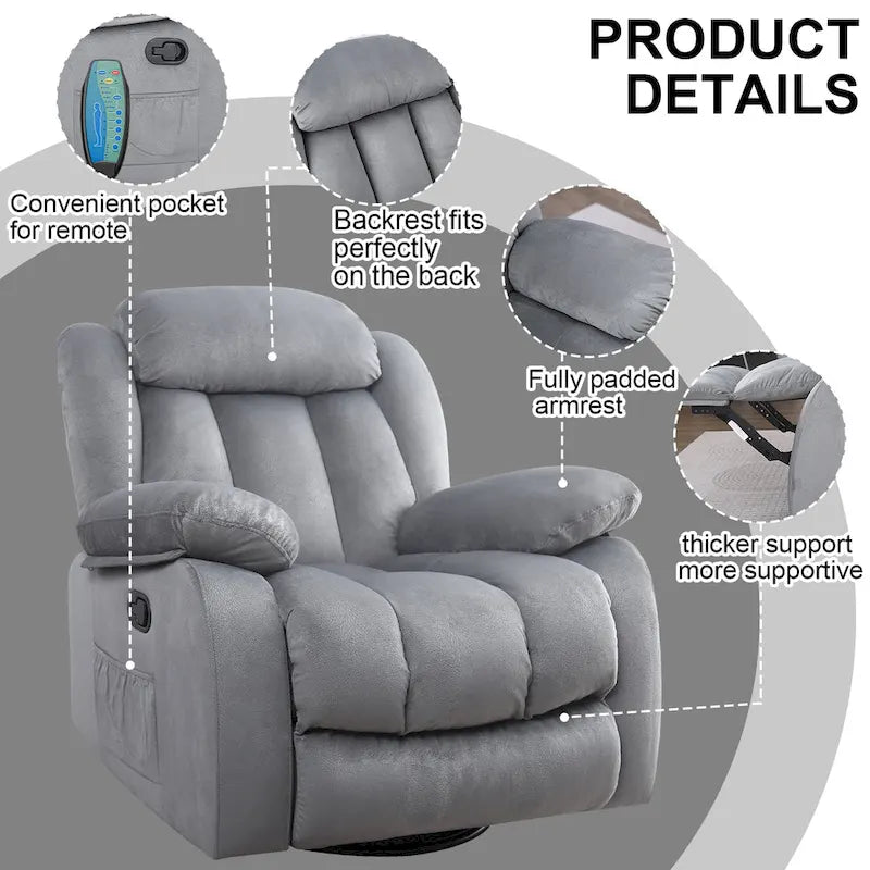 Fauteuil inclinable manuel rembourré en tissu doux avec fonction massage et chauffage