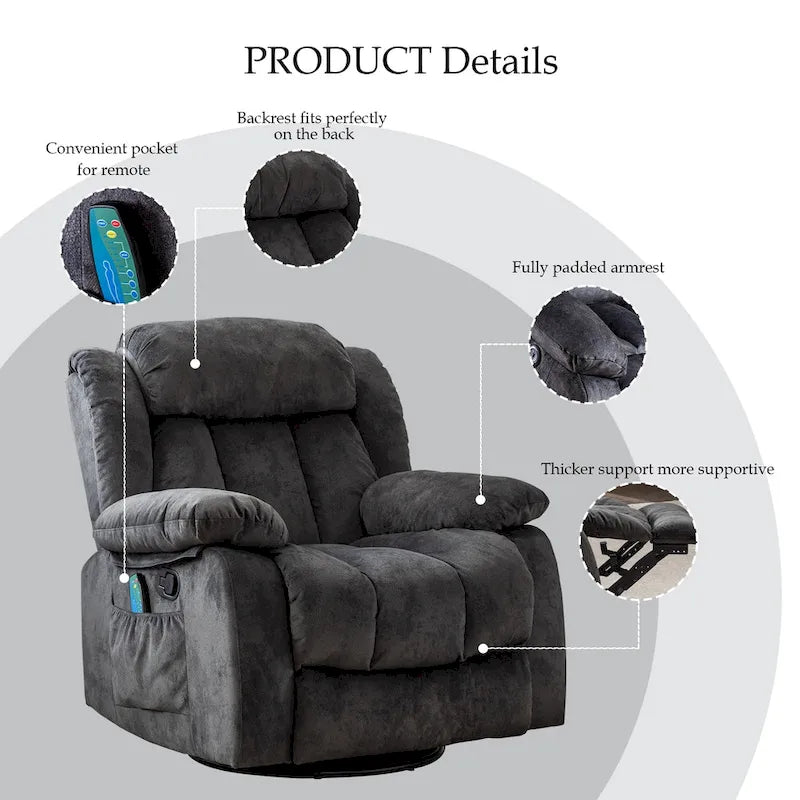 Fauteuil inclinable manuel rembourré en tissu doux avec fonction massage et chauffage
