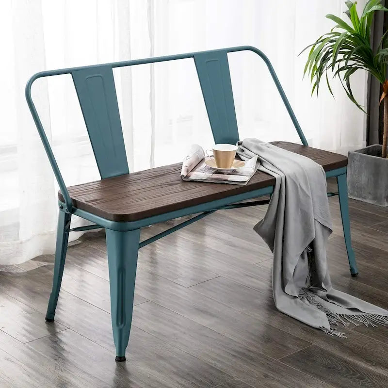 Banc de salle à manger, banc d'entrée avec dossier, banc de salle à manger en métal style ferme, banc 3 places style industriel milieu du siècle, assise en bois