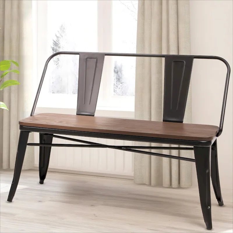 Banc de salle à manger, banc d'entrée avec dossier, banc de salle à manger en métal style ferme, banc 3 places style industriel milieu du siècle, assise en bois