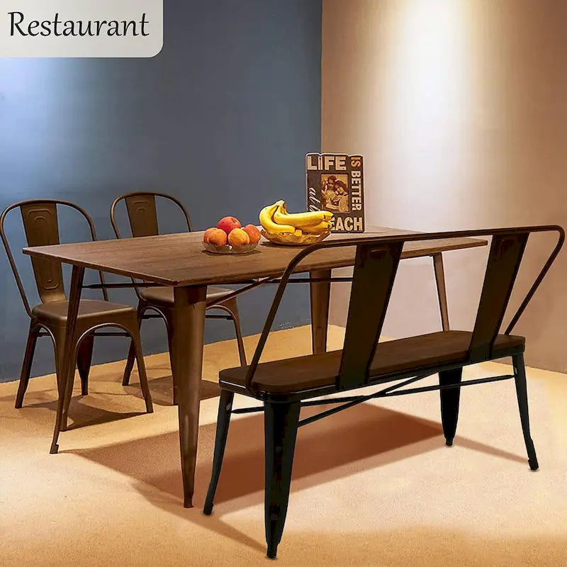 Banc de salle à manger, banc d'entrée avec dossier, banc de salle à manger en métal style ferme, banc 3 places style industriel milieu du siècle, assise en bois