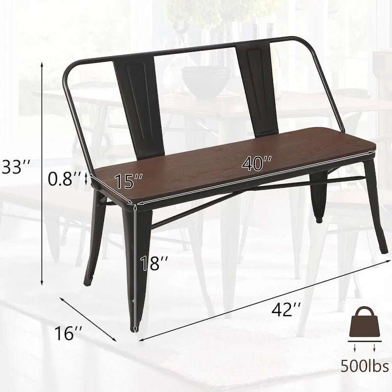 Banc de salle à manger, banc d'entrée avec dossier, banc de salle à manger en métal style ferme, banc 3 places style industriel milieu du siècle, assise en bois