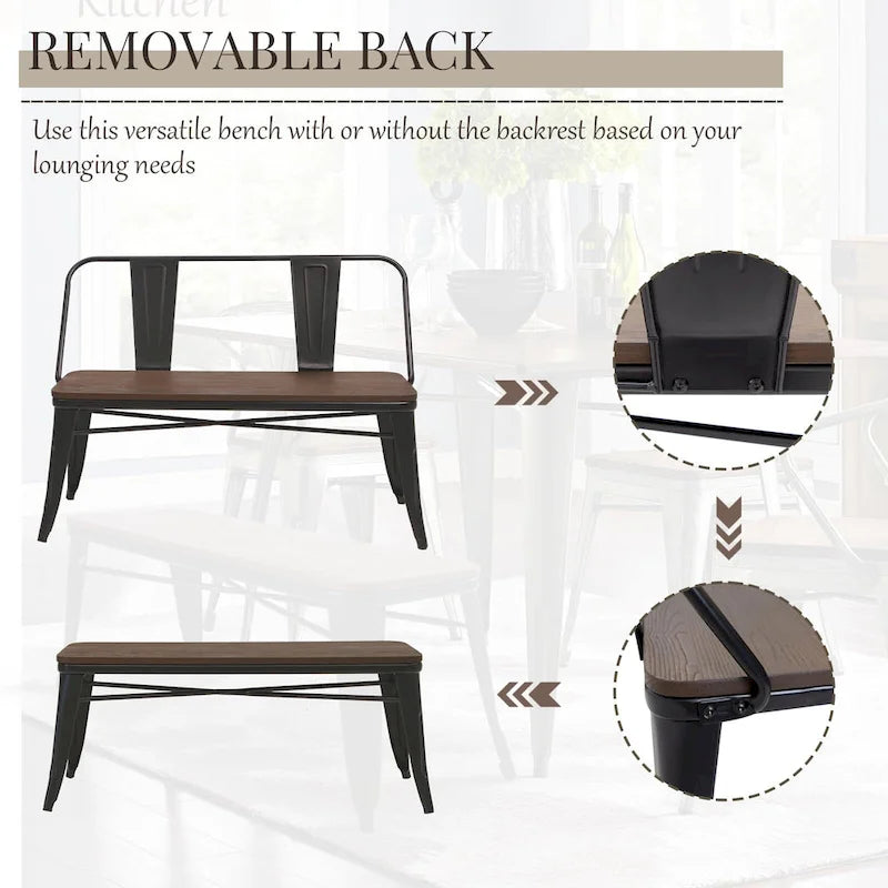 Banc de salle à manger, banc d'entrée avec dossier, banc de salle à manger en métal style ferme, banc 3 places style industriel milieu du siècle, assise en bois