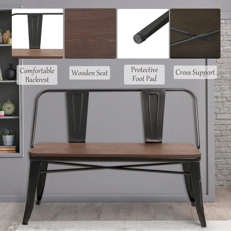 Banc de salle à manger, banc d'entrée avec dossier, banc de salle à manger en métal style ferme, banc 3 places style industriel milieu du siècle, assise en bois