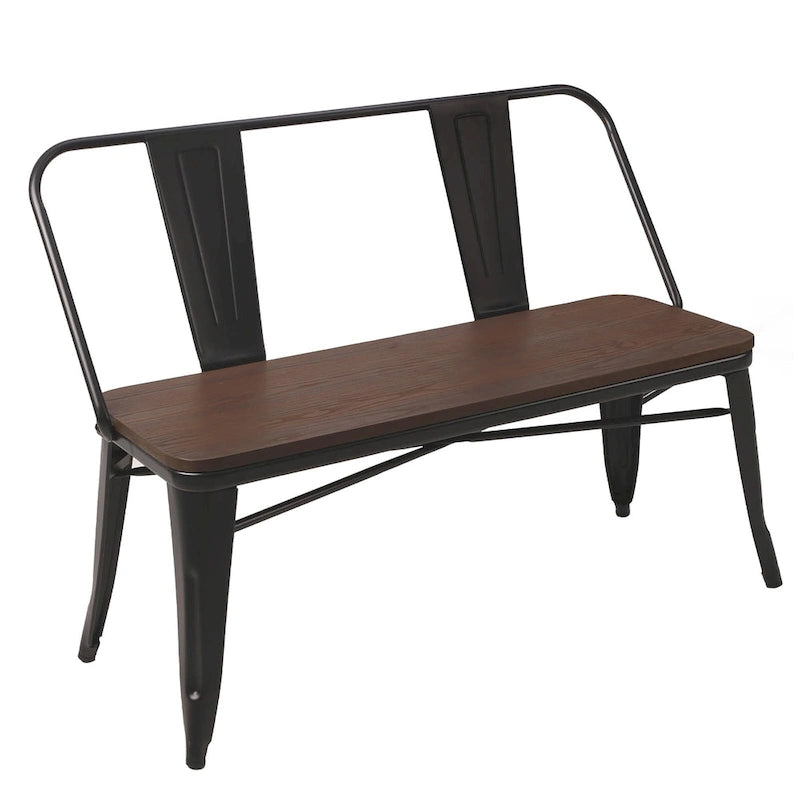 Banc de salle à manger, banc d'entrée avec dossier, banc de salle à manger en métal style ferme, banc 3 places style industriel milieu du siècle, assise en bois