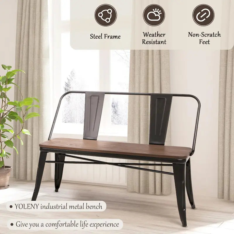 Banc de salle à manger, banc d'entrée avec dossier, banc de salle à manger en métal style ferme, banc 3 places style industriel milieu du siècle, assise en bois
