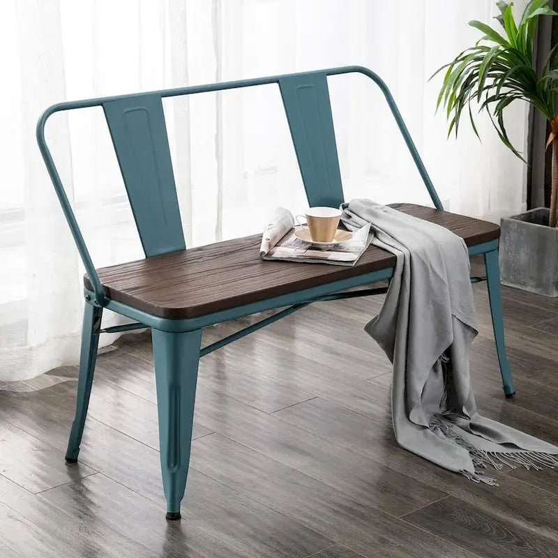 Banc de salle à manger, banc d'entrée avec dossier, banc de salle à manger en métal style ferme, banc 3 places style industriel milieu du siècle, assise en bois