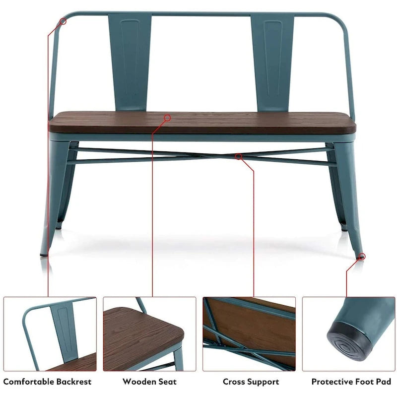 Banc de salle à manger, banc d'entrée avec dossier, banc de salle à manger en métal style ferme, banc 3 places style industriel milieu du siècle, assise en bois
