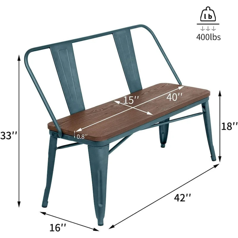 Banc de salle à manger, banc d'entrée avec dossier, banc de salle à manger en métal style ferme, banc 3 places style industriel milieu du siècle, assise en bois