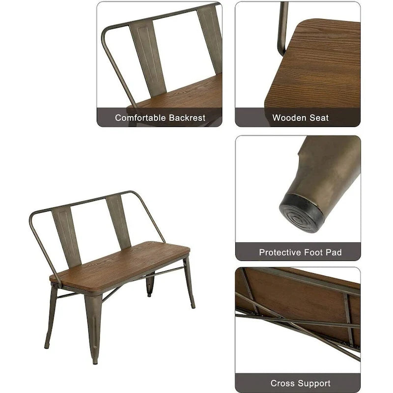 Banc de salle à manger, banc d'entrée avec dossier, banc de salle à manger en métal style ferme, banc 3 places style industriel milieu du siècle, assise en bois