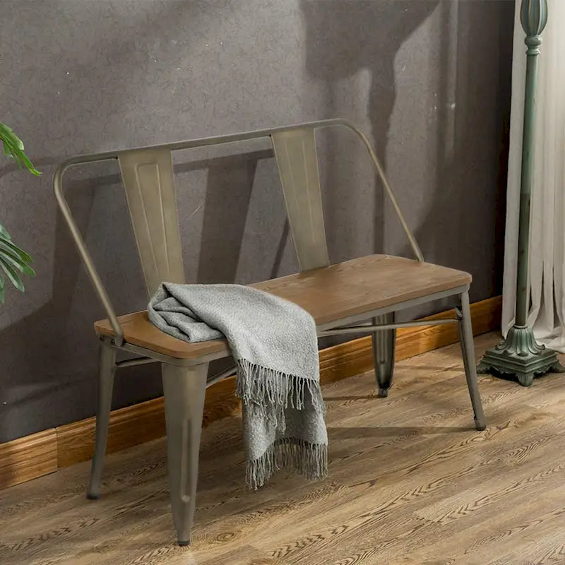 Banc de salle à manger, banc d'entrée avec dossier, banc de salle à manger en métal style ferme, banc 3 places style industriel milieu du siècle, assise en bois